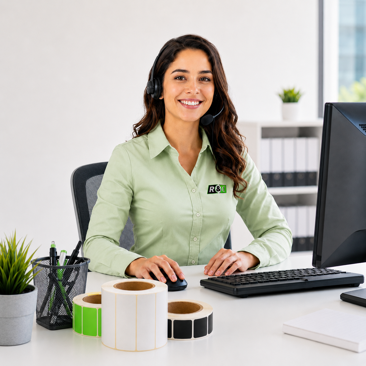 Asesora del equipo comercial de Rollos & Etiquetas atendiendo por línea telefónica con headset