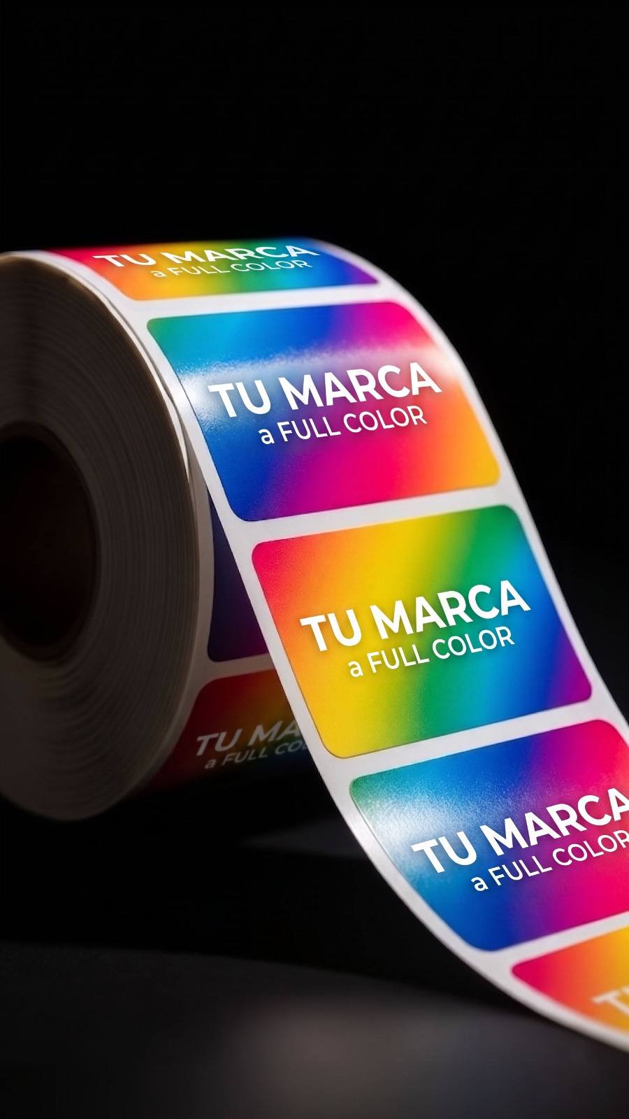Rollo de etiquetas adhesivas impresas a full color con Pantone matching, fabricadas en Bogotá por Rollos & Etiquetas