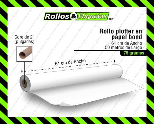 Ficha tecnica de papel para equipos plotter de 61 cms de ancho x 50 mts de alrgo en 75 gramos