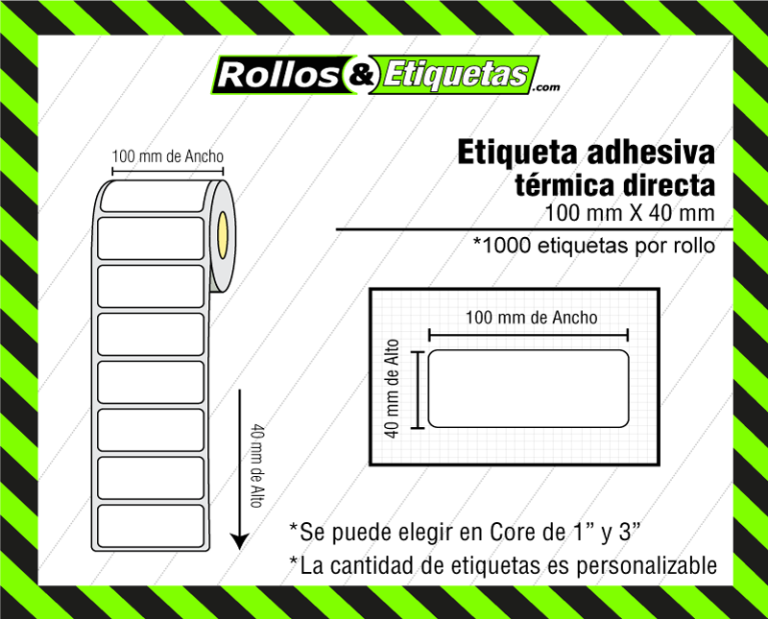 Representación gráfica del producto que recibe el cliente detallando el tamaño del papel adhesivo térmico y cantidad de etiquetas adhesivas ofrecidas.
